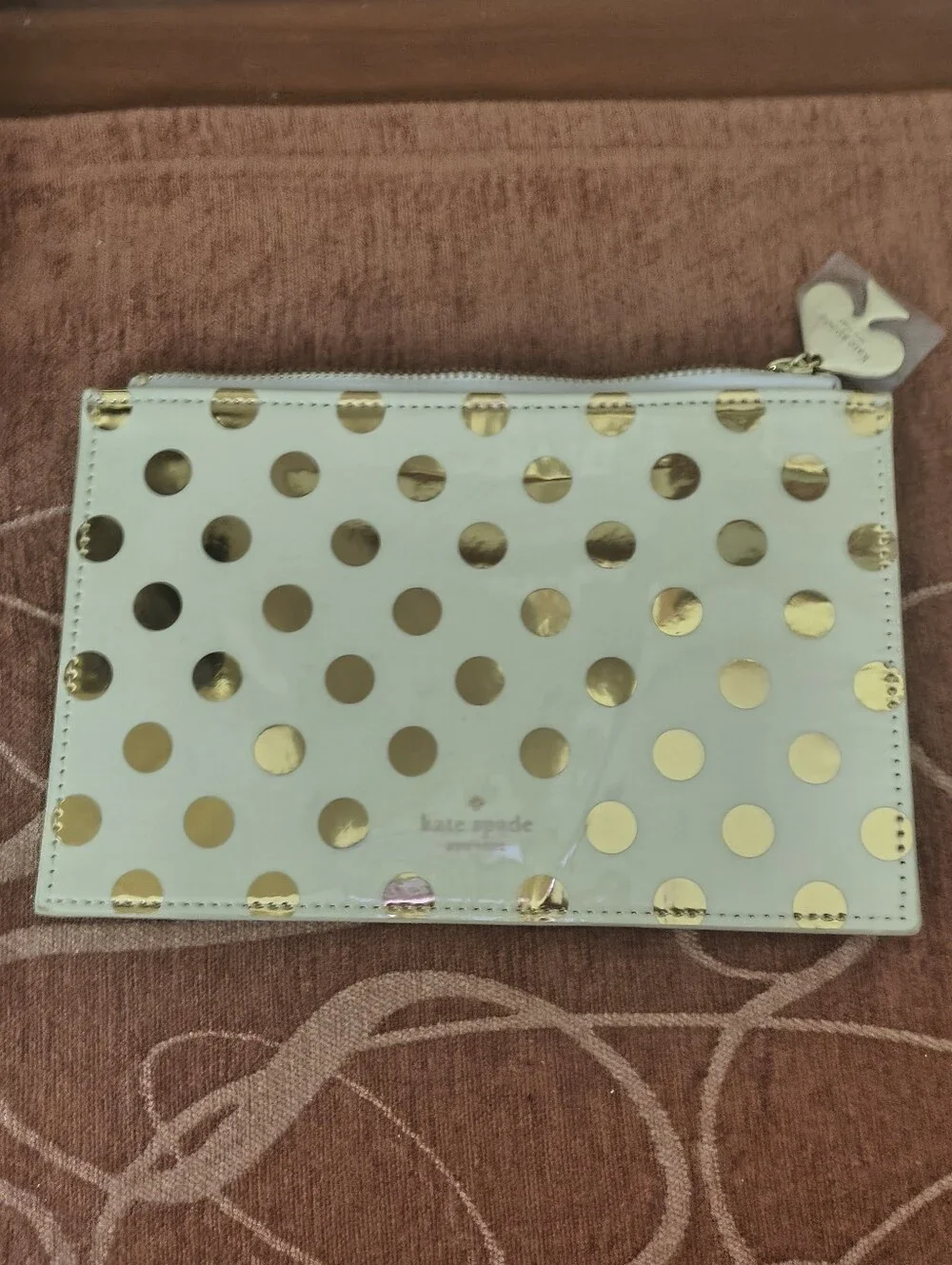 NWOT Kate Spade Pencil Pouch Polka Dot Cosmetic Case Travel Cream Gold w/Ruler